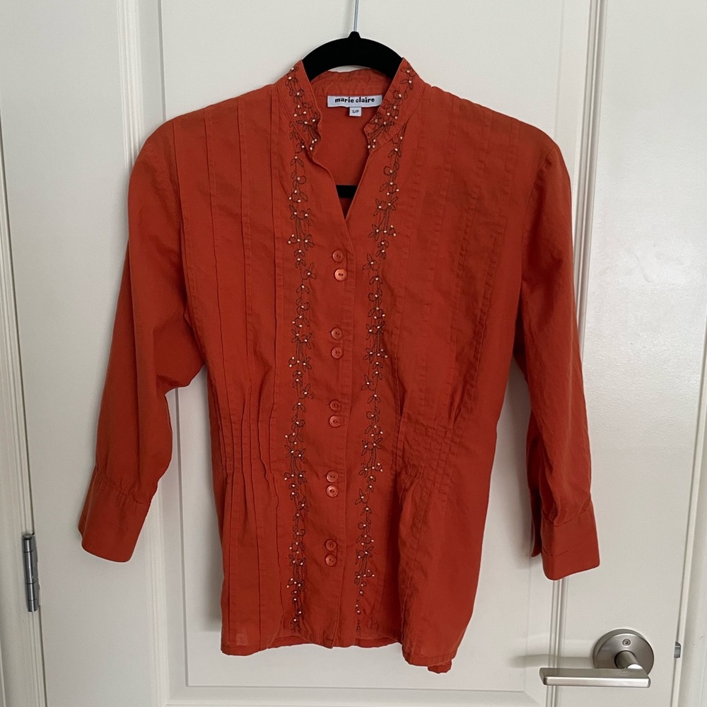 MARIE CLAIRE Burnt Orange Embroidered Beaded Cotton Blouse Tie Back - Small